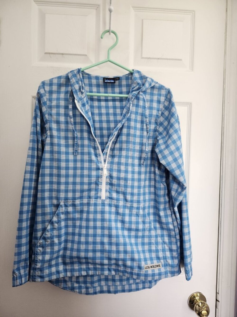 Kavu Novalee Hooded Popover Windbreaker  1/2 Zip Athletic Blue/White Check Sz S
